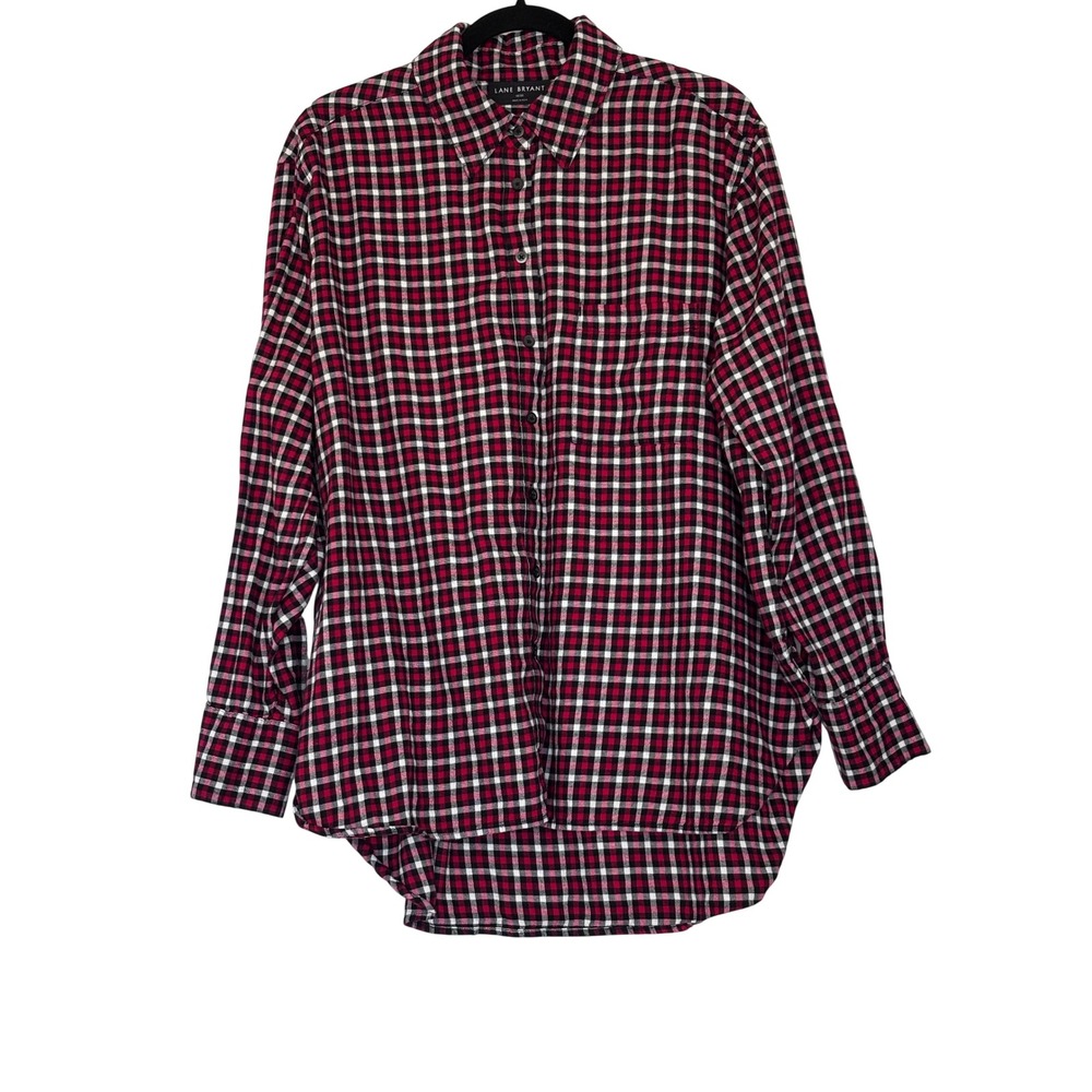 Lane Bryant Red Black White Plaid Button Down Shirt Plus Size 18/20 High Low Hem